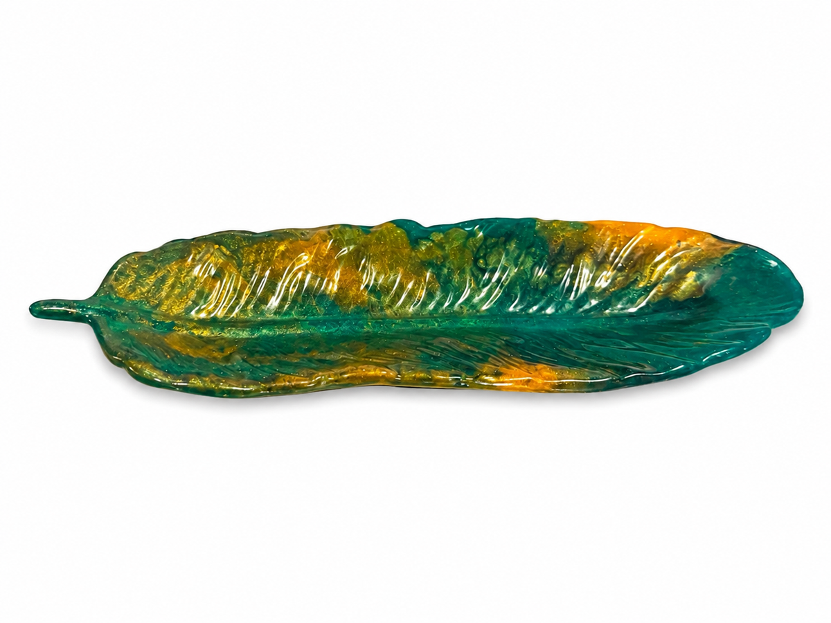 Green & Gold Resin Feather Tray